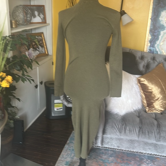 Olive Green Knit Dress with Lace-Up Detail - Picture 6 of 9